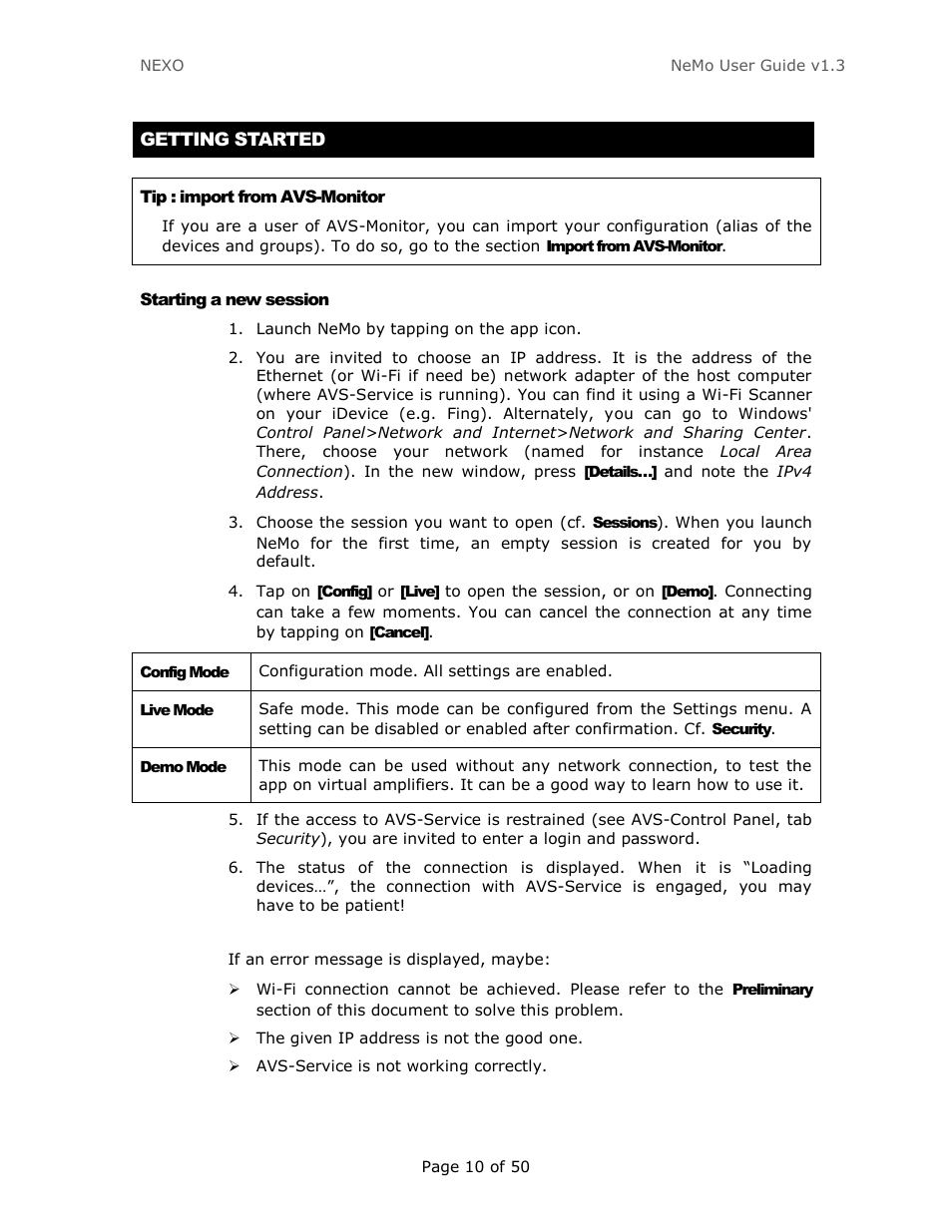 Getting started, Starting a new session | Nexo NEMO User Manual | Page 10 / 50