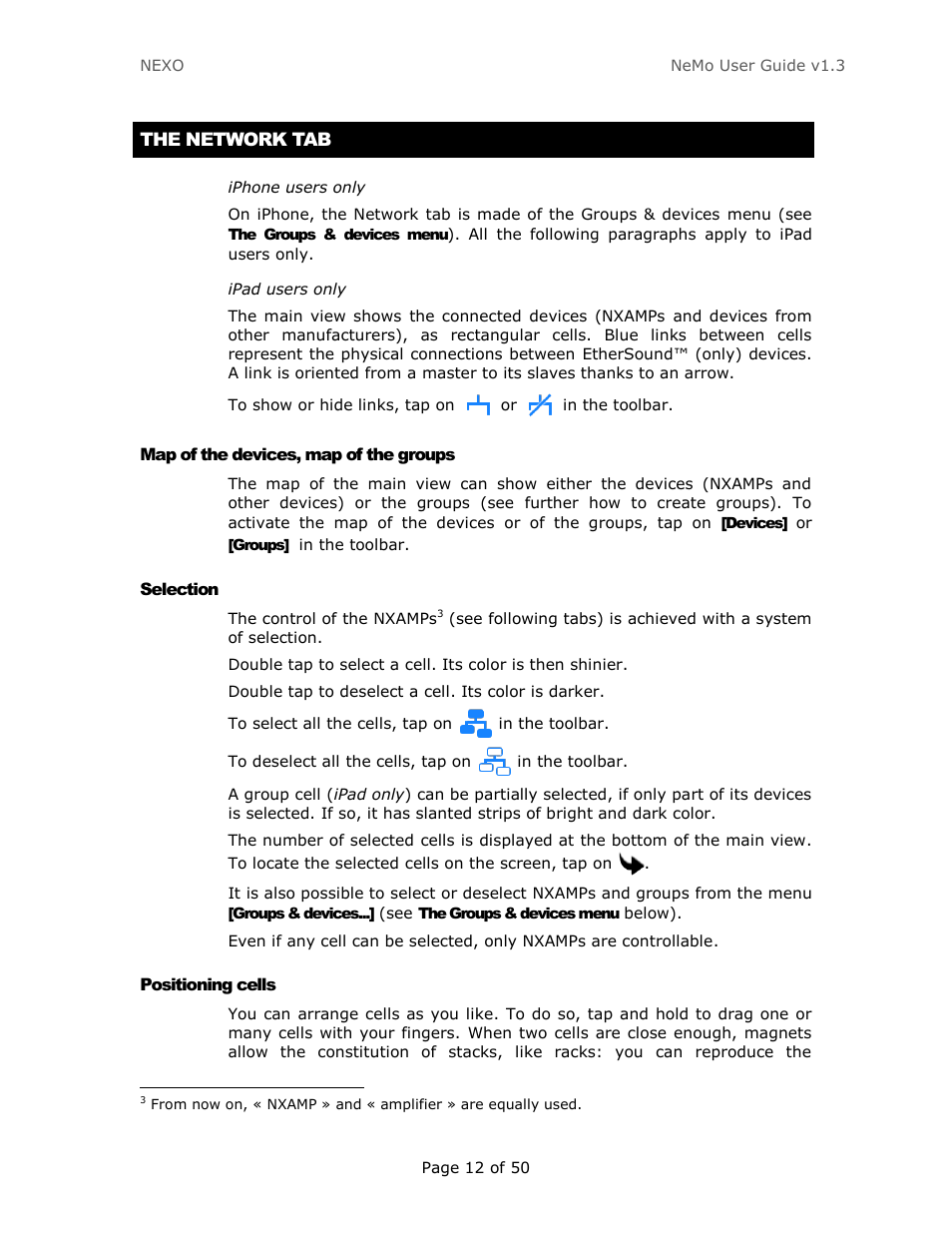 The network tab, Map of the devices, map of the groups, Selection | Positioning cells | Nexo NEMO User Manual | Page 12 / 50