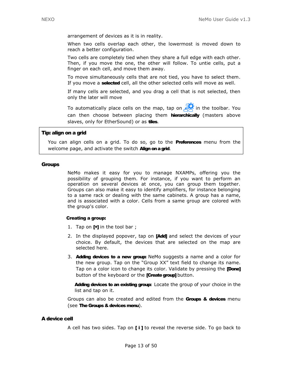 Groups, Creating a group, A device cell | Nexo NEMO User Manual | Page 13 / 50