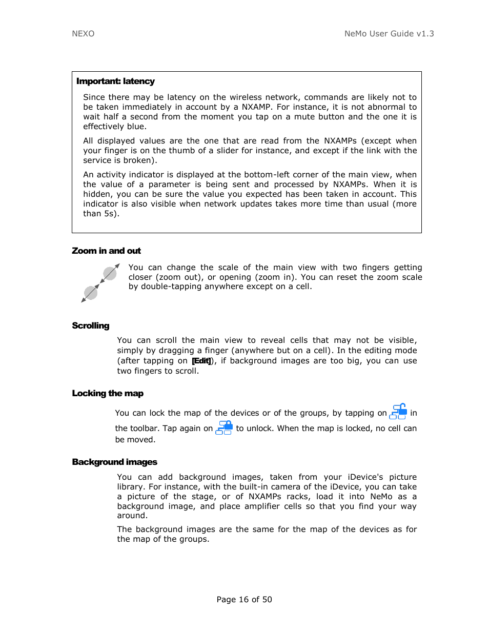 Zoom in and out, Scrolling, Locking the map | Background images | Nexo NEMO User Manual | Page 16 / 50