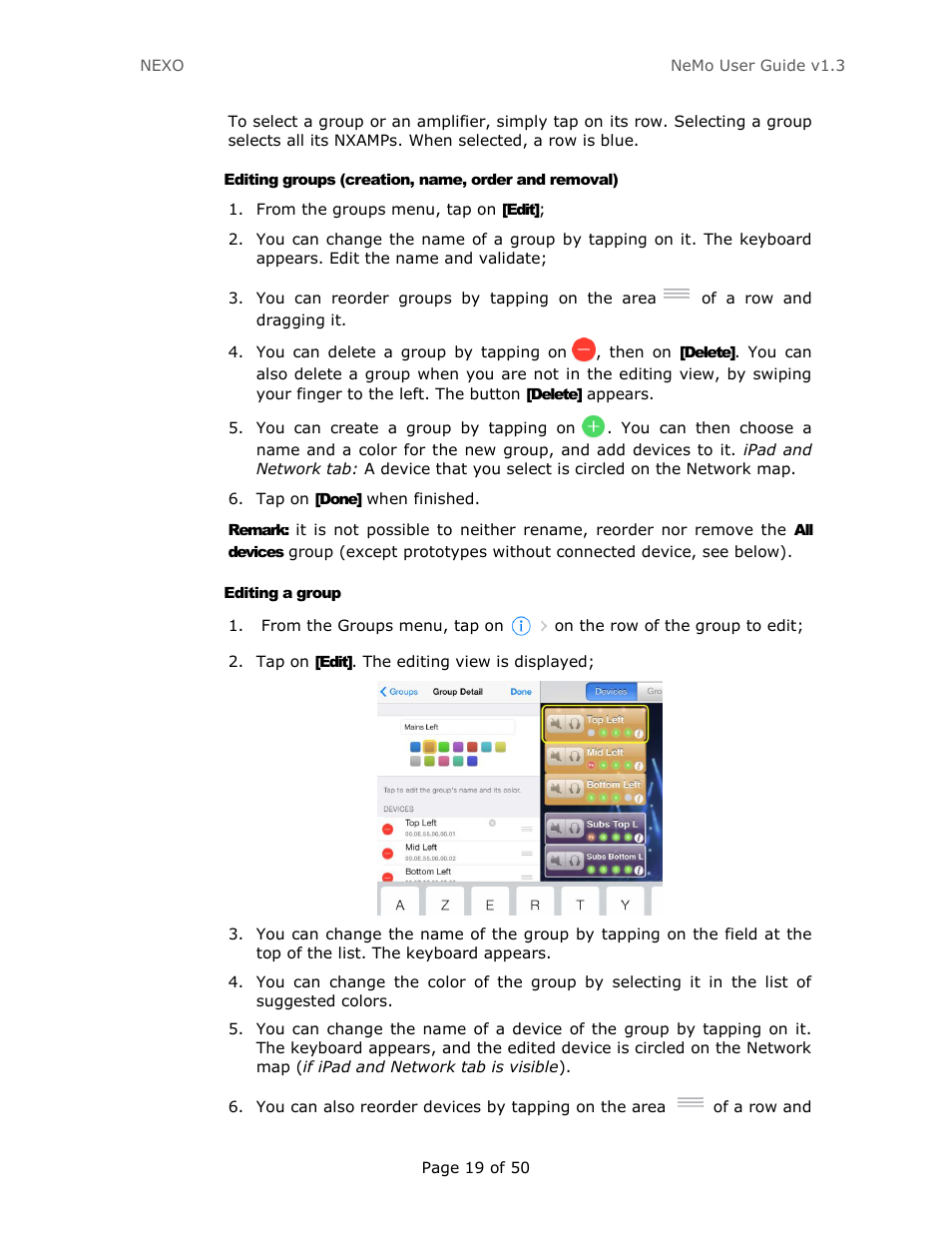 Editing groups (creation, name, order and removal), Editing a group | Nexo NEMO User Manual | Page 19 / 50