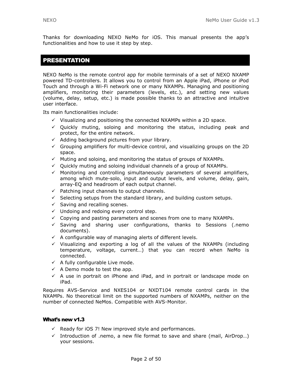 Presentation, What’s new v1.3 | Nexo NEMO User Manual | Page 2 / 50