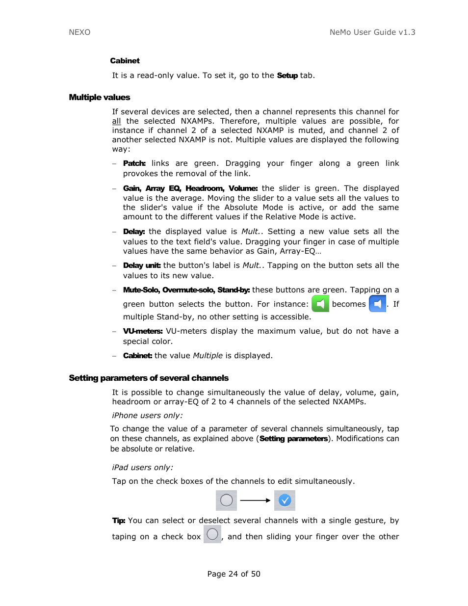 Cabinet, Multiple values, Setting parameters of several channels | Nexo NEMO User Manual | Page 24 / 50