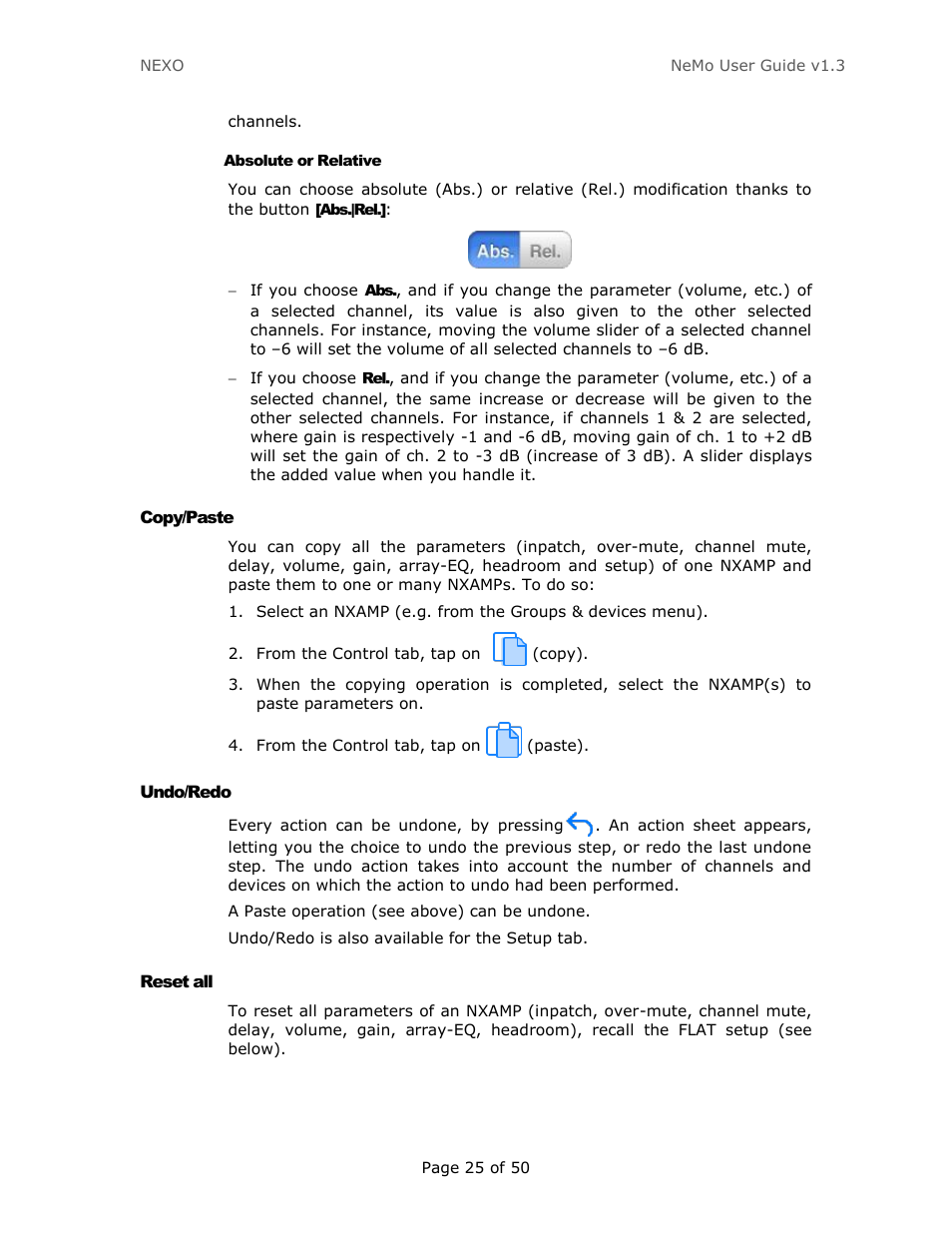 Absolute or relative, Copy/paste, Undo/redo | Reset all | Nexo NEMO User Manual | Page 25 / 50