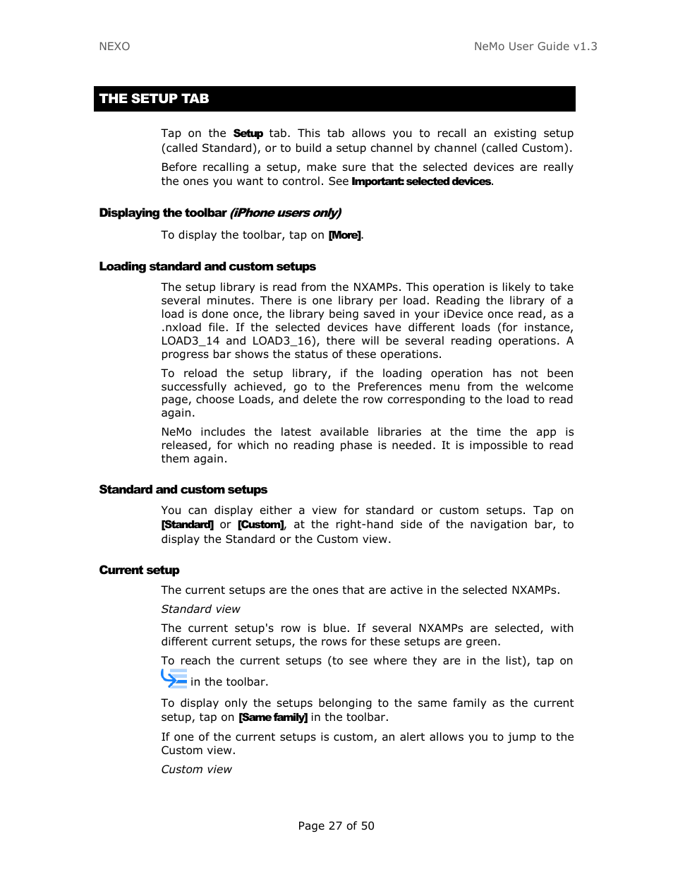 The setup tab, Displaying the toolbar (iphone users only), Loading standard and custom setups | Standard and custom setups, Current setup | Nexo NEMO User Manual | Page 27 / 50