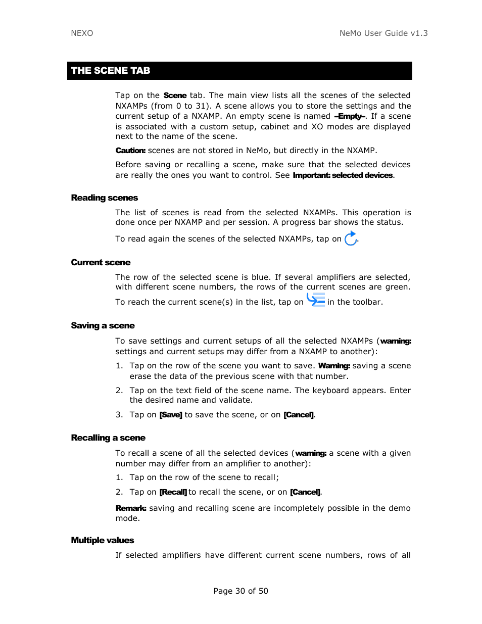 The scene tab, Reading scenes, Current scene | Saving a scene, Recalling a scene, Multiple values | Nexo NEMO User Manual | Page 30 / 50