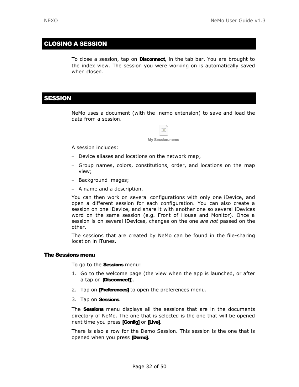 Closing a session, Session, The sessions menu | Nexo NEMO User Manual | Page 32 / 50