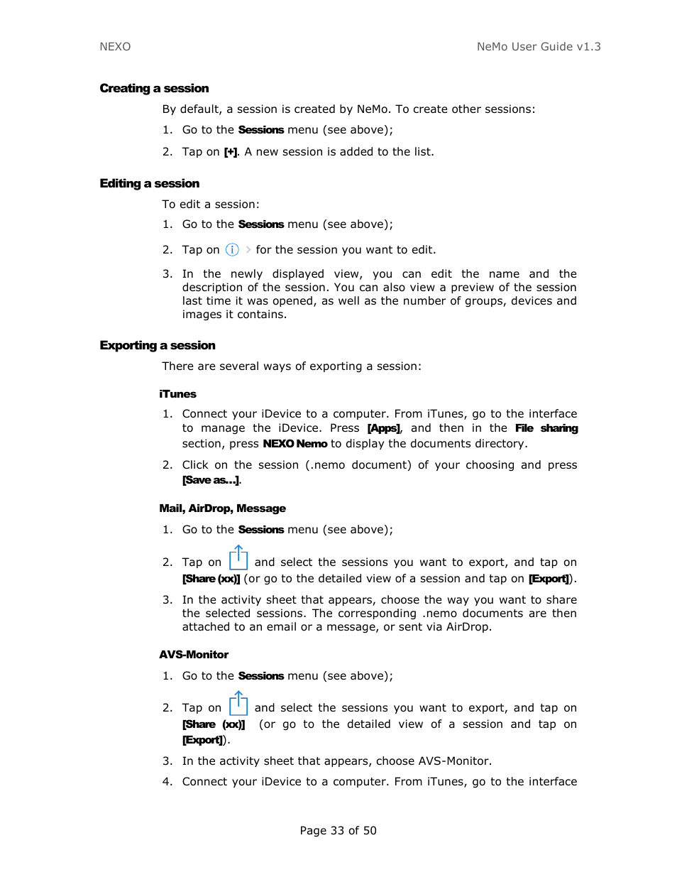 Creating a session, Editing a session, Exporting a session | Itunes, Mail, airdrop, message, Avs-monitor | Nexo NEMO User Manual | Page 33 / 50