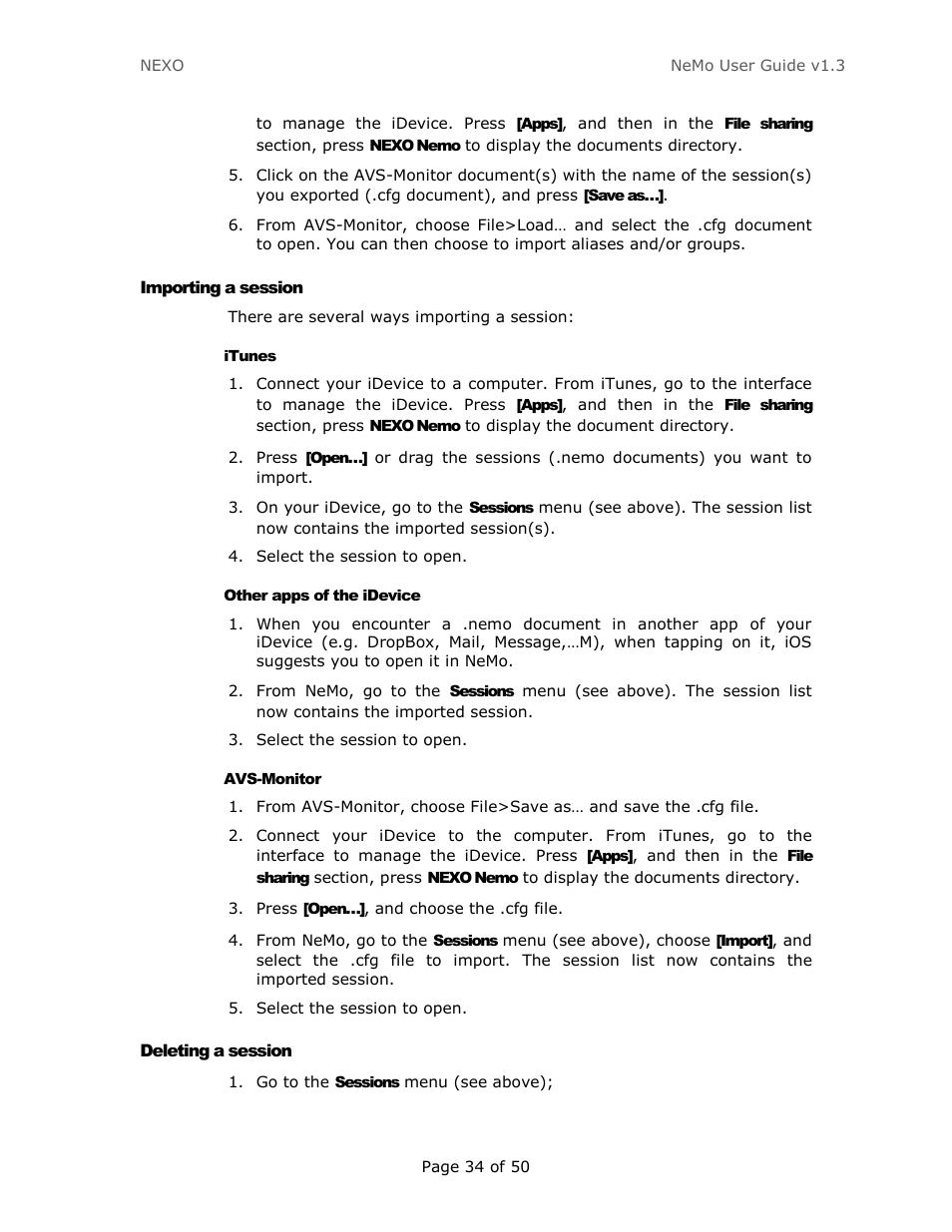 Importing a session, Itunes, Other apps of the idevice | Avs-monitor, Deleting a session, Import from avs-monitor | Nexo NEMO User Manual | Page 34 / 50