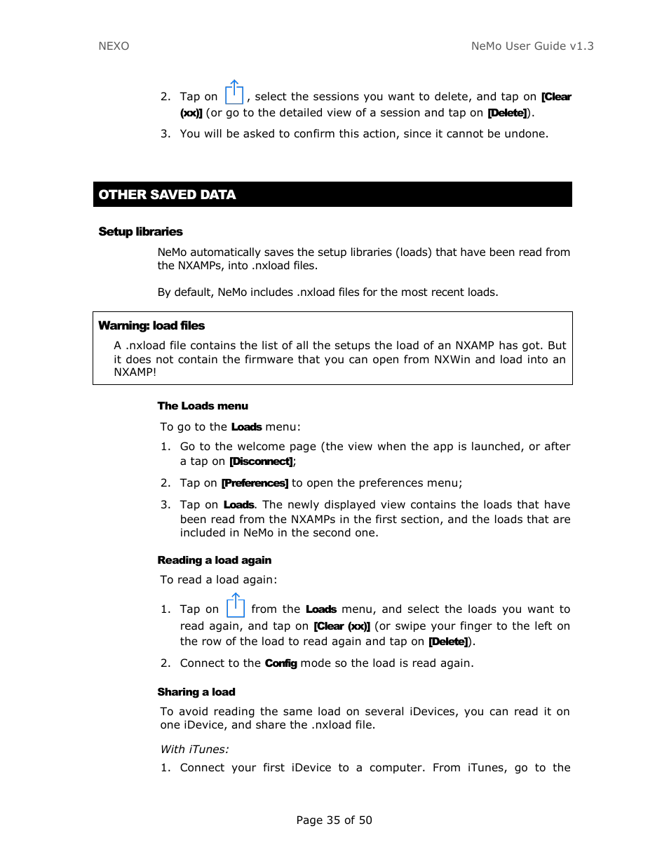 Other saved data, Setup libraries, The loads menu | Reading a load again, Sharing a load | Nexo NEMO User Manual | Page 35 / 50