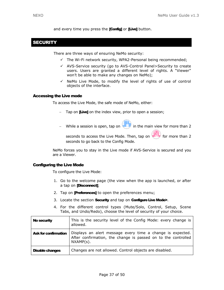 Security, Accessing the live mode, Configuring the live mode | Nexo NEMO User Manual | Page 37 / 50