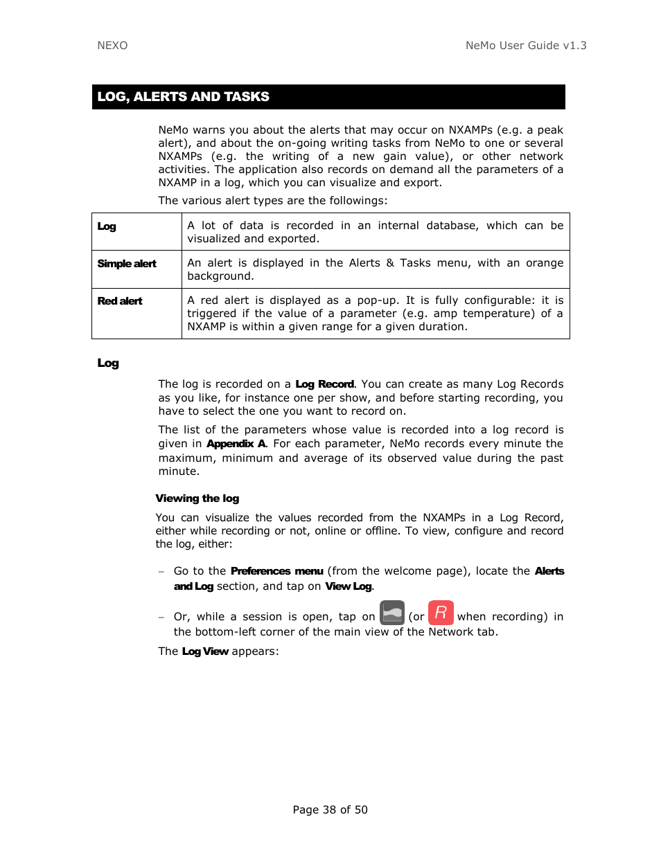 Log, alerts and tasks, Viewing the log | Nexo NEMO User Manual | Page 38 / 50