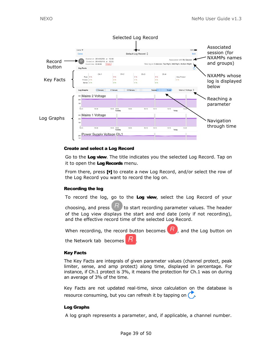 Create and select a log record, Recording the log, Key facts | Log graphs | Nexo NEMO User Manual | Page 39 / 50