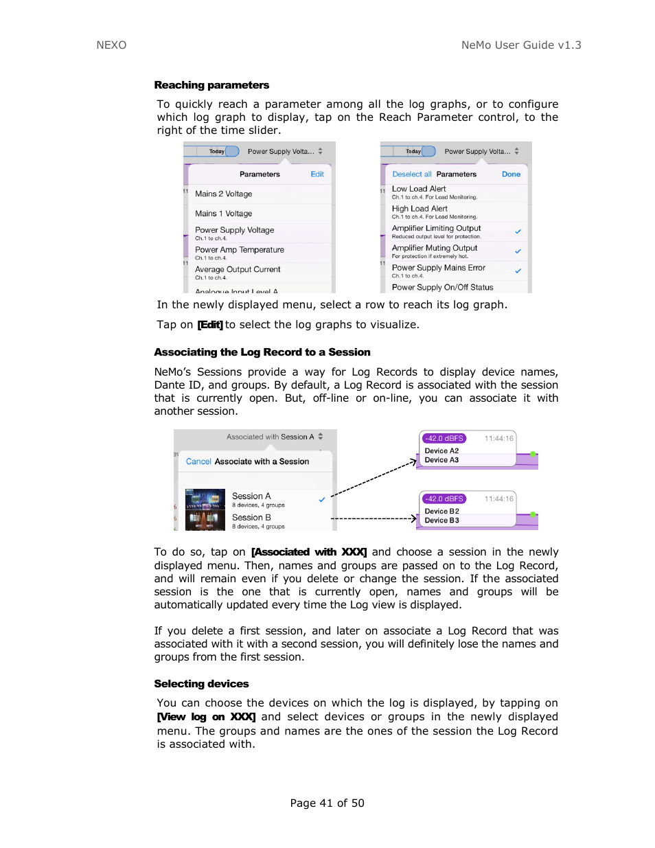Reaching parameters, Associating the log record to a session, Selecting devices | Nexo NEMO User Manual | Page 41 / 50