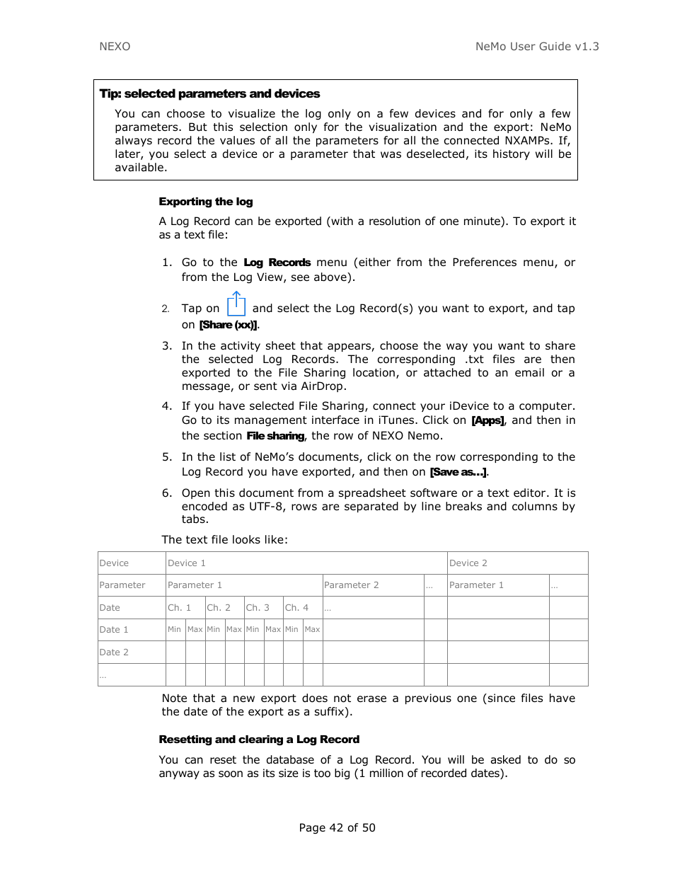 Exporting the log, Resetting and clearing a log record, Tip: selected parameters and devices | Nexo NEMO User Manual | Page 42 / 50