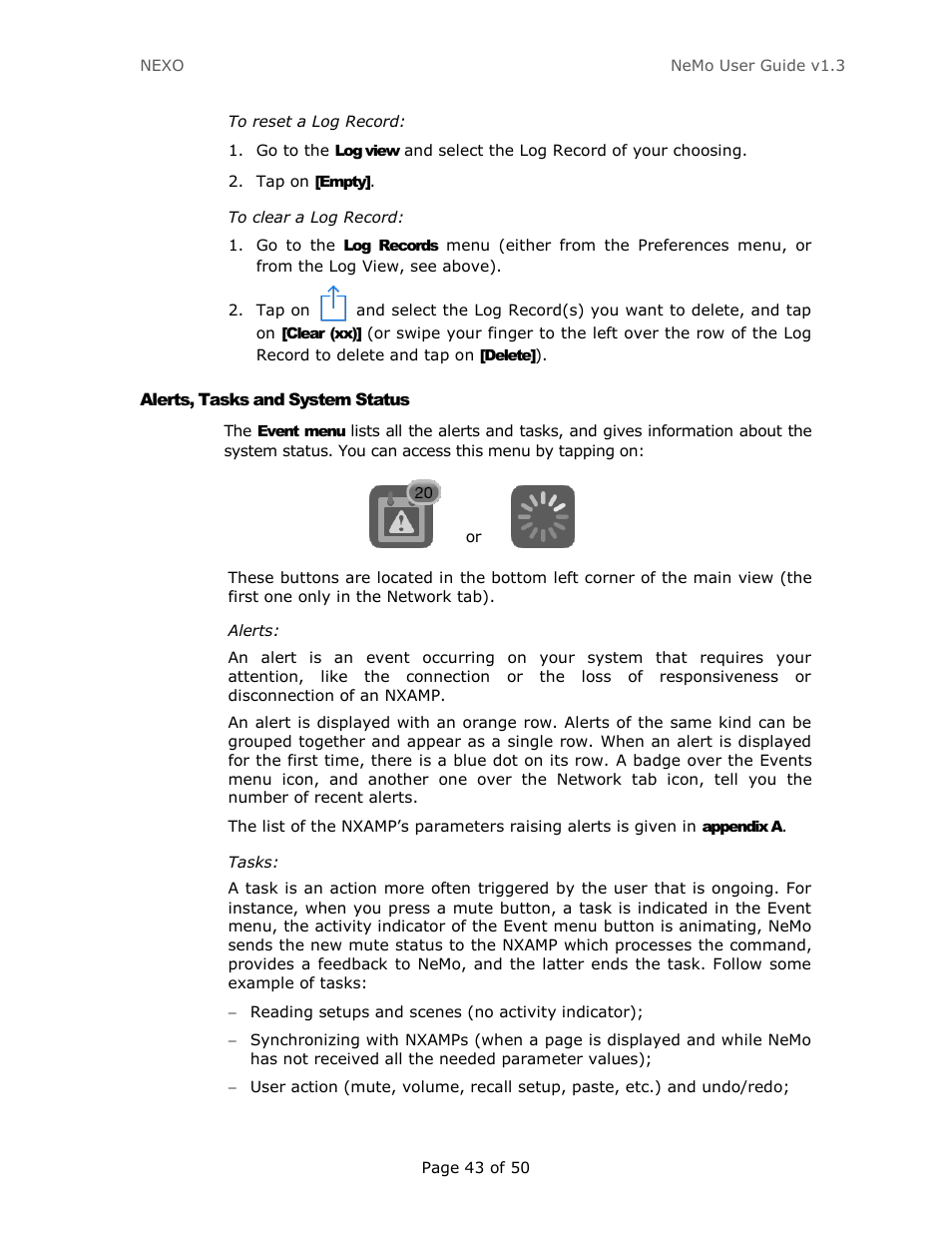 Alerts, tasks and system status, Alerts and tasks ) | Nexo NEMO User Manual | Page 43 / 50