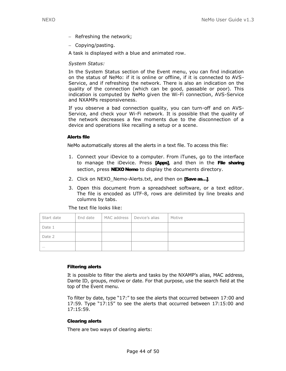 Alerts file, Filtering alerts, Clearing alerts | Nexo NEMO User Manual | Page 44 / 50