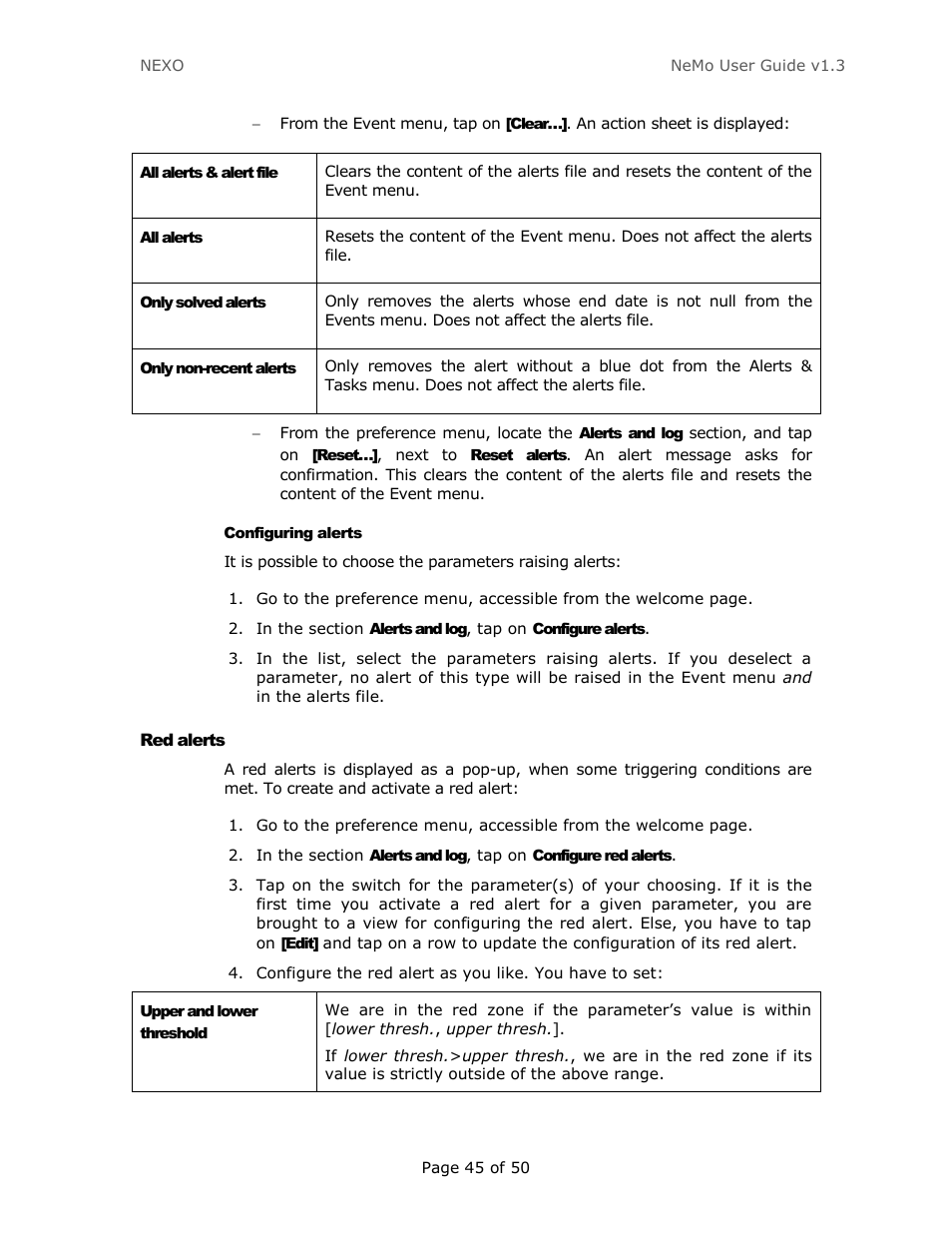 Configuring alerts, Red alerts | Nexo NEMO User Manual | Page 45 / 50
