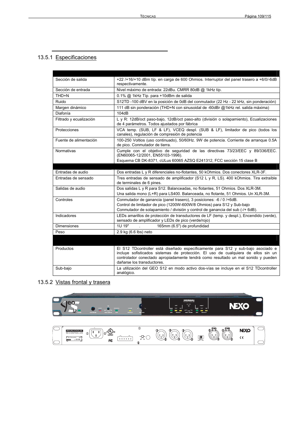 5 controladores analógicos para geo s12, 1 especificaciones, 2 vistas frontal y trasera | Nexo GEO S12 User Manual | Page 109 / 115