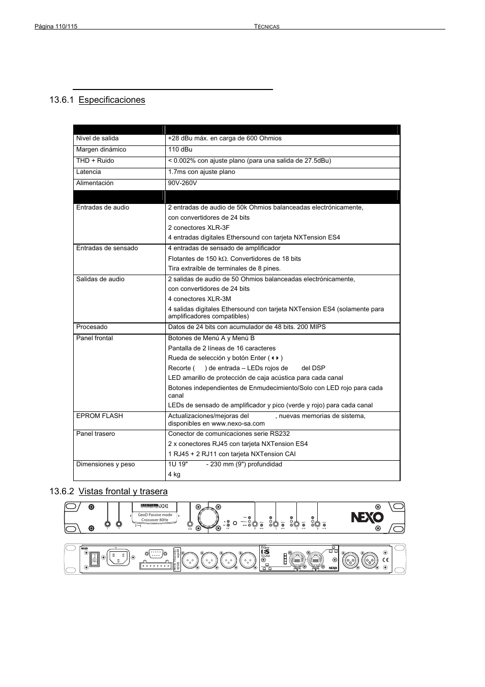6 nx242 tdcontroller con tarjeta nx-tension, 1 especificaciones, 2 vistas frontal y trasera | Nexo GEO S12 User Manual | Page 110 / 115