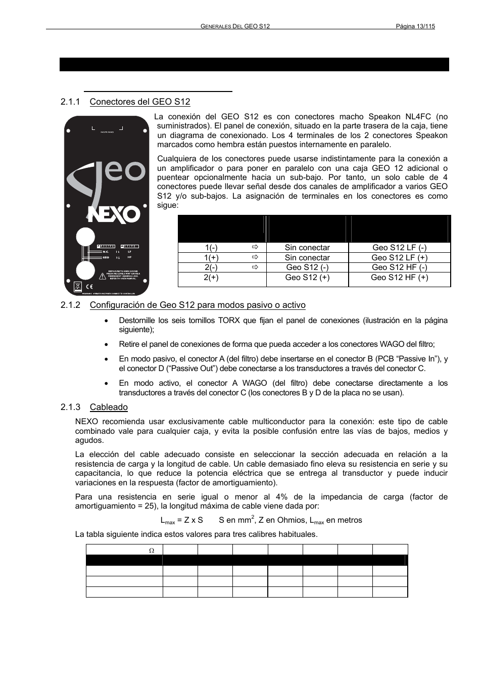 S12 2.1 conexión de las cajas acústicas | Nexo GEO S12 User Manual | Page 13 / 115