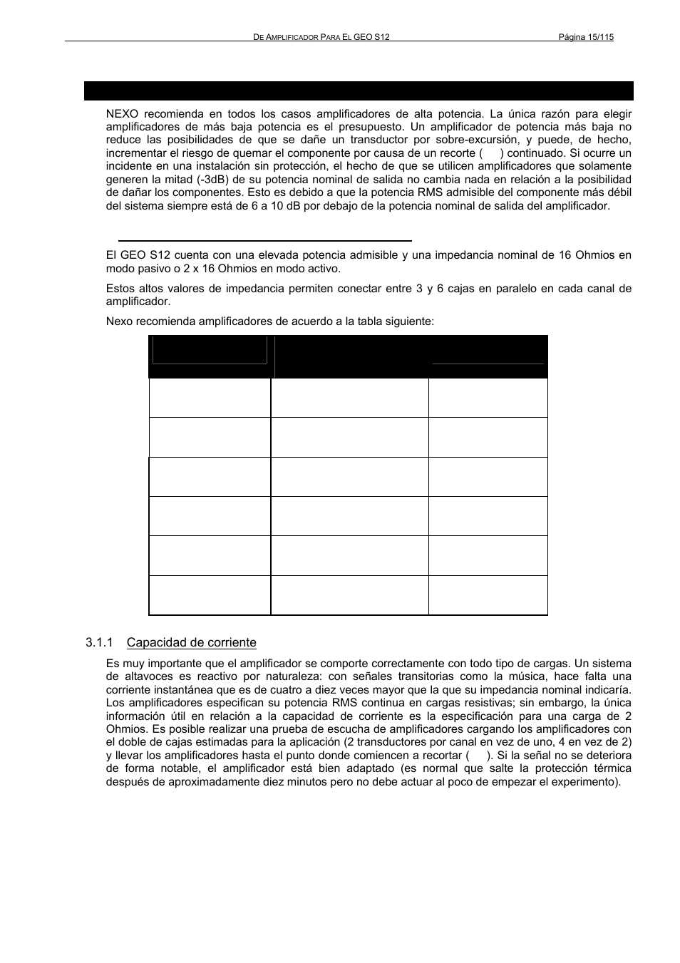 1 amplificación recomendada para el geo s12, 1 capacidad de corriente | Nexo GEO S12 User Manual | Page 15 / 115