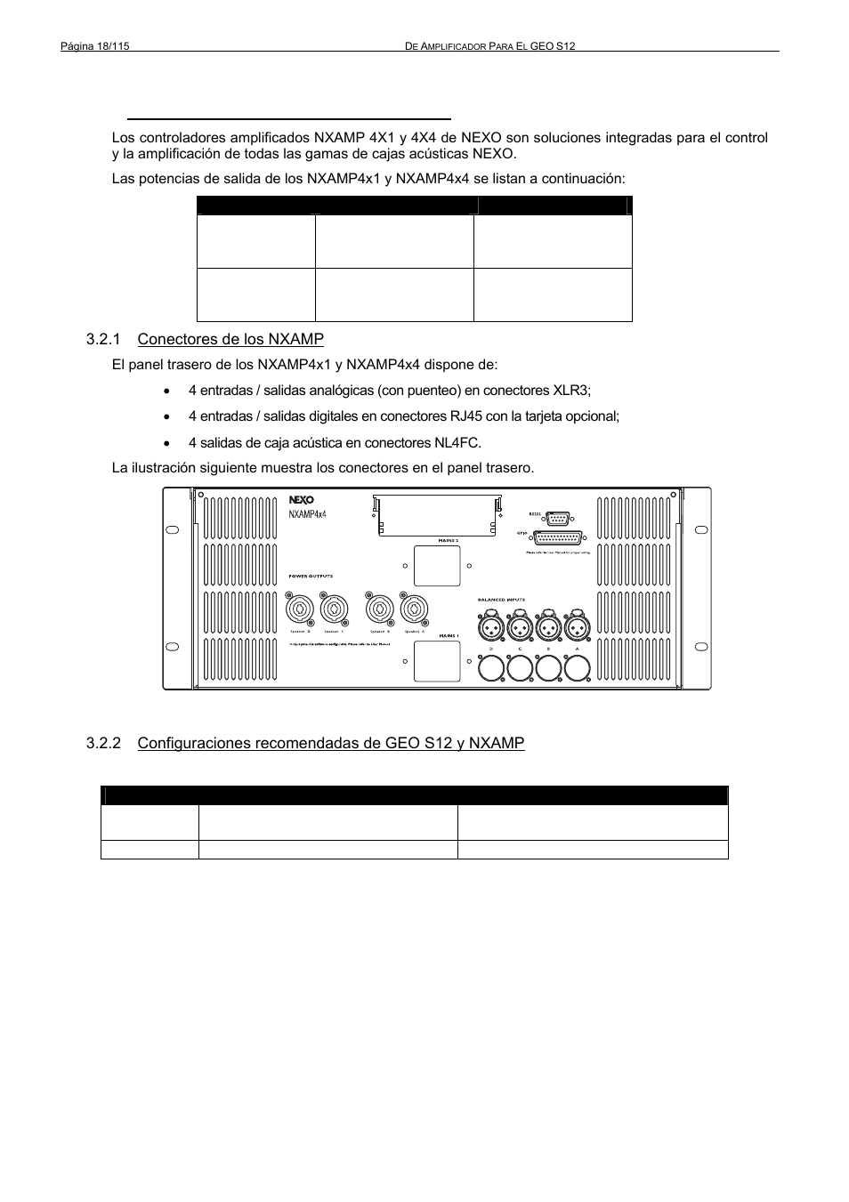 2 el geo s12 y los controladores nxamp, 1 conectores de los nxamp, 2 configuraciones recomendadas de geo s12 y nxamp | Nexo GEO S12 User Manual | Page 18 / 115