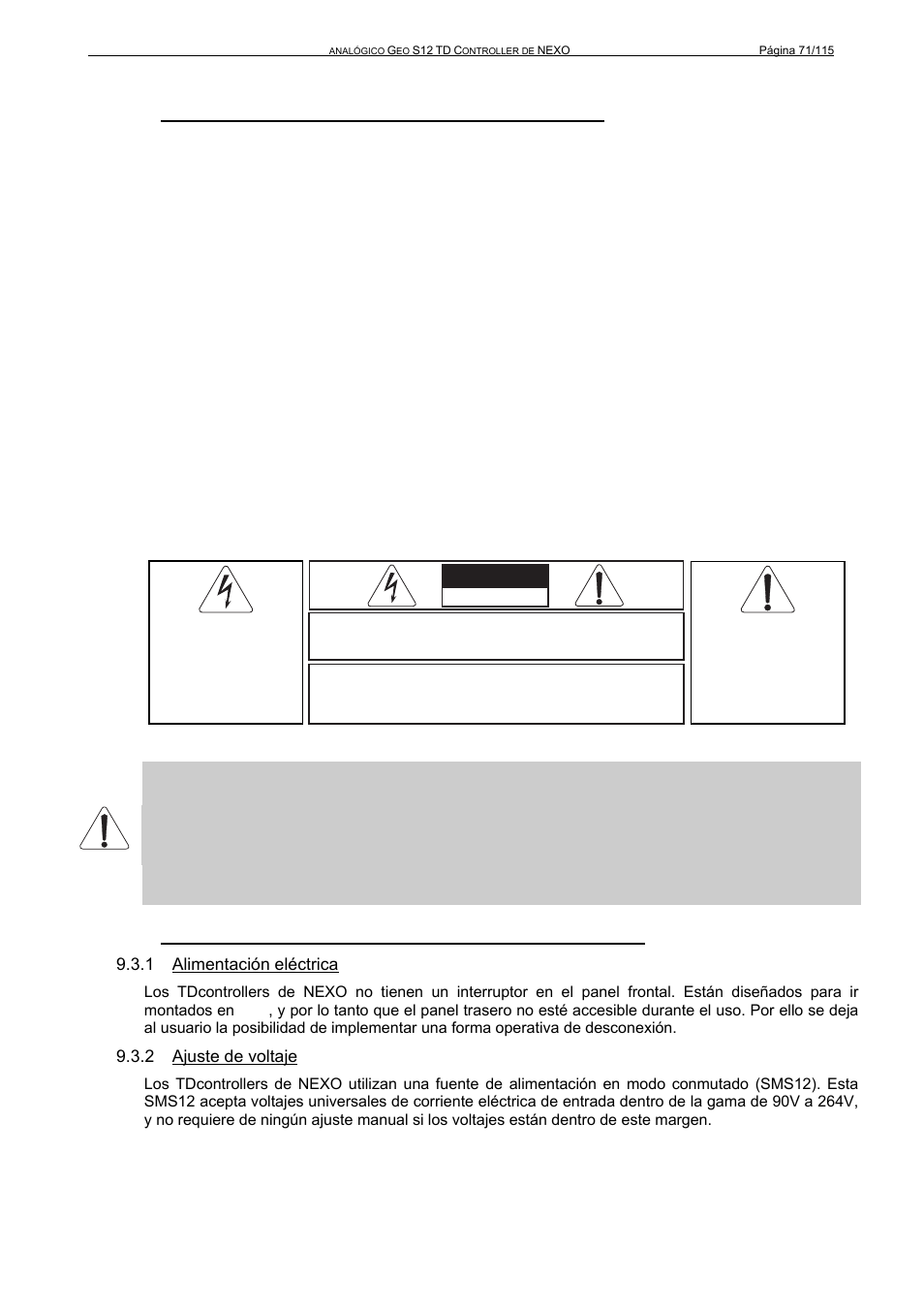 Caution, 2 instrucciones importantes de seguridad, 1 alimentación eléctrica | 2 ajuste de voltaje | Nexo GEO S12 User Manual | Page 71 / 115