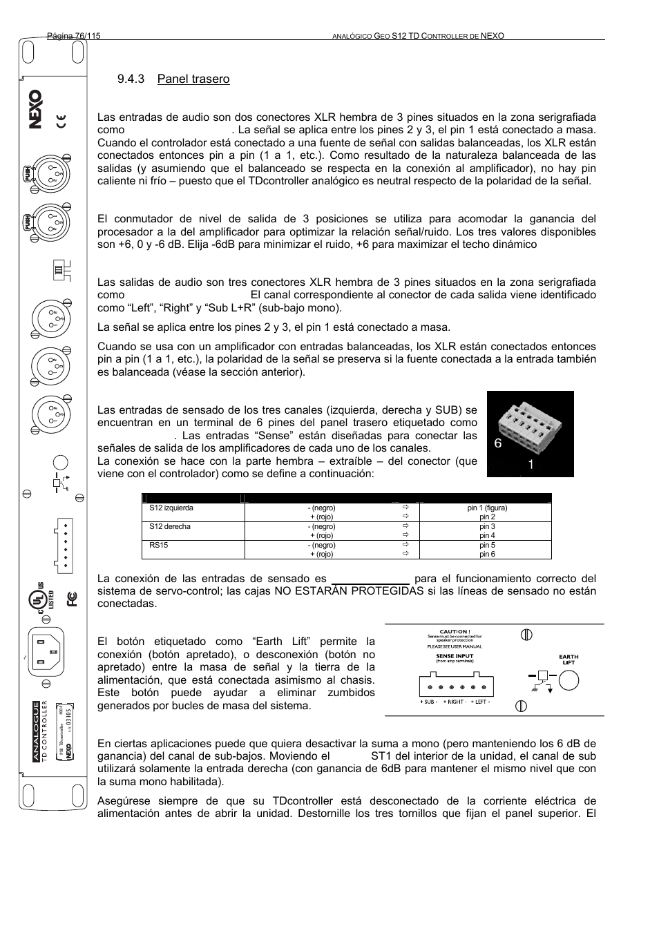 3 panel trasero entradas de audio, Conmutador de nivel de salida, Salidas de audio | Entradas de sensado, Desconexión de tierra, Jumper del sub | Nexo GEO S12 User Manual | Page 76 / 115