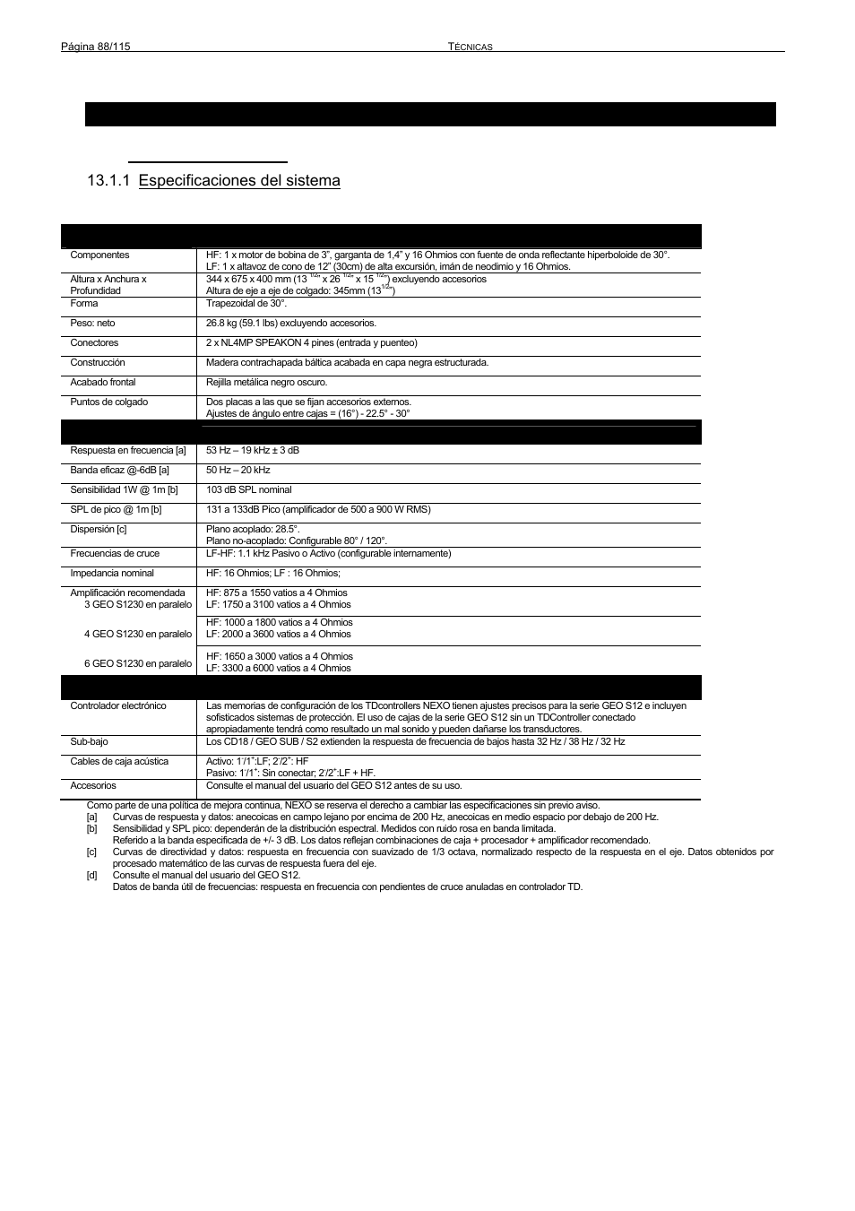 13 e, 1 especificaciones del sistema, Specificaciones | Écnicas | Nexo GEO S12 User Manual | Page 88 / 115