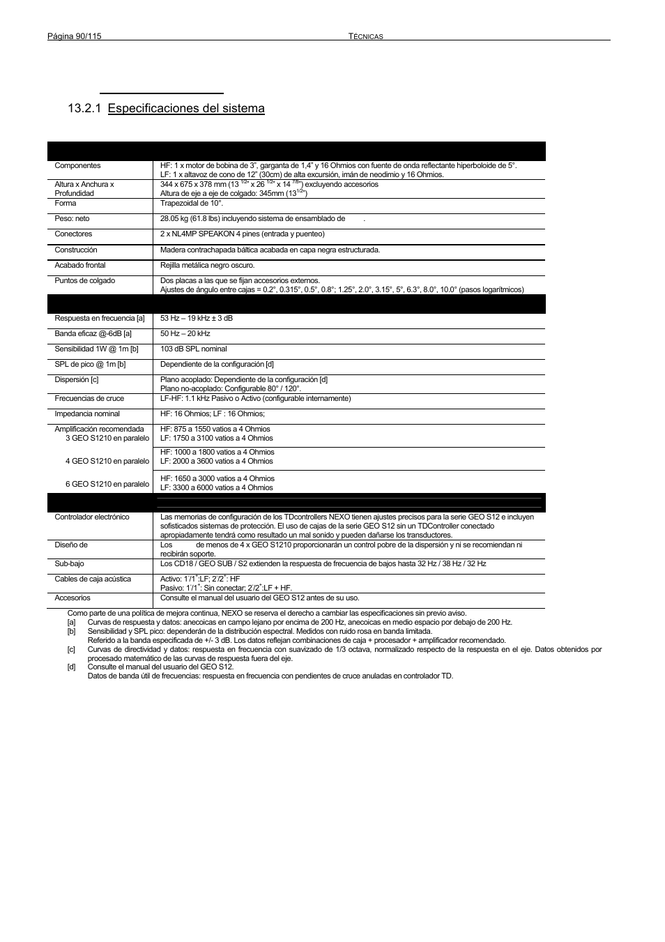 1 especificaciones del sistema | Nexo GEO S12 User Manual | Page 90 / 115