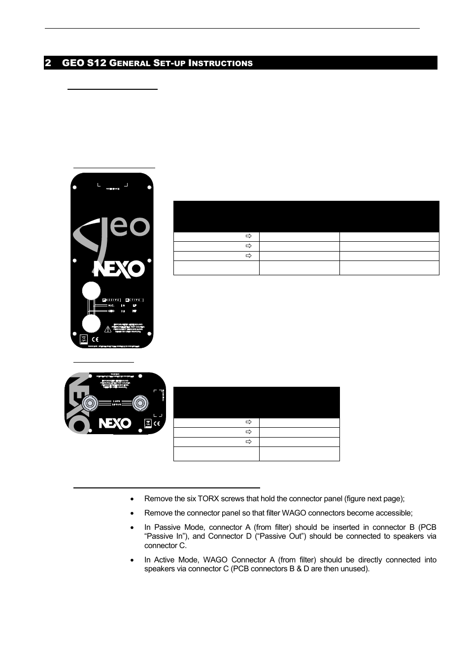 2 geo s12 general set-up instructions, 1 speaker connection, 1 geo s12 connectors | 2 ls18 connector, 3 configuring geo s12 for passive or active mode, 2 geo | Nexo LS18 User Manual | Page 11 / 103