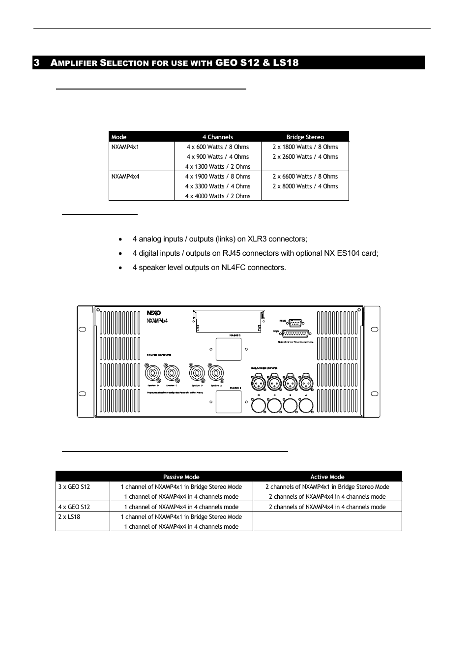 3 amplifier selection for use with geo s12 & ls18, 1 geo s12, ls18 and nxamp tdcontrollers, 1 nxamp connectors | Nexo LS18 User Manual | Page 14 / 103