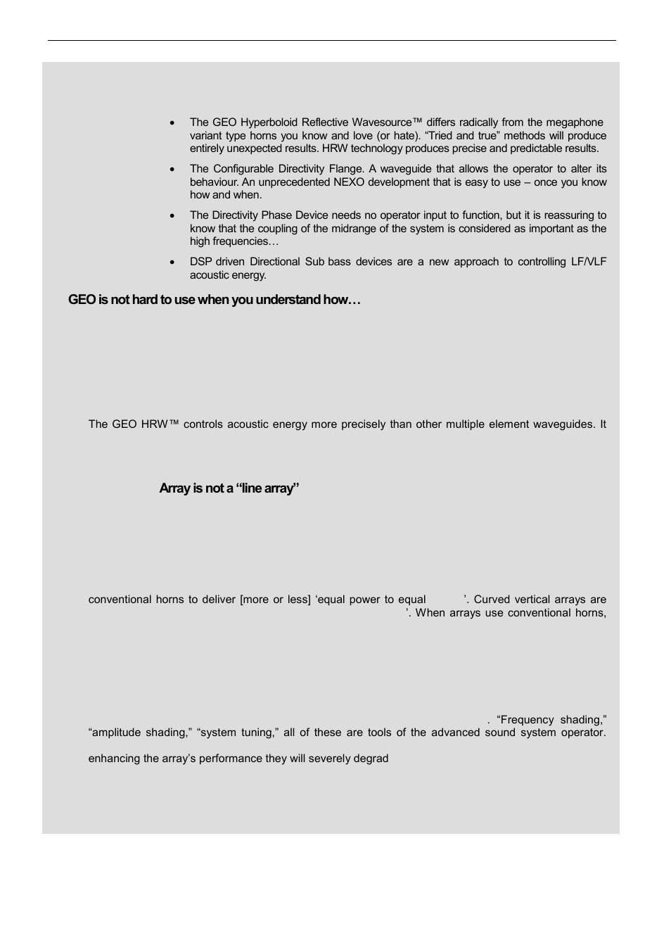 Geo technology is radically new thinking, Geo is not hard to use when you understand how, Geo is a high precision system | A geo tangent array is not a “line array | Nexo LS18 User Manual | Page 2 / 103