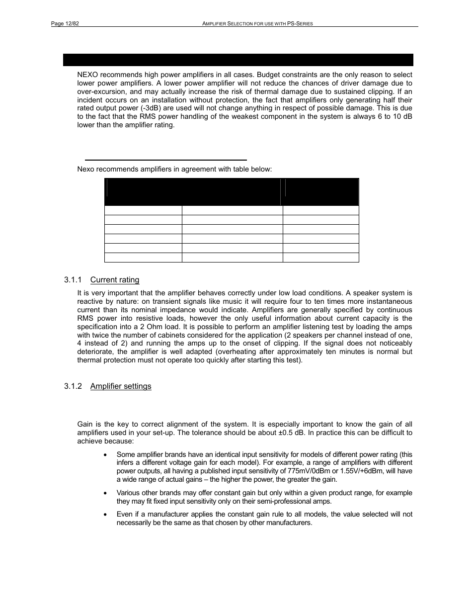 Ps-s, 1 ps and ls recommended amplification, 1 current rating | 2 amplifier settings, Gain value | Nexo PS-R2 User Manual | Page 12 / 82