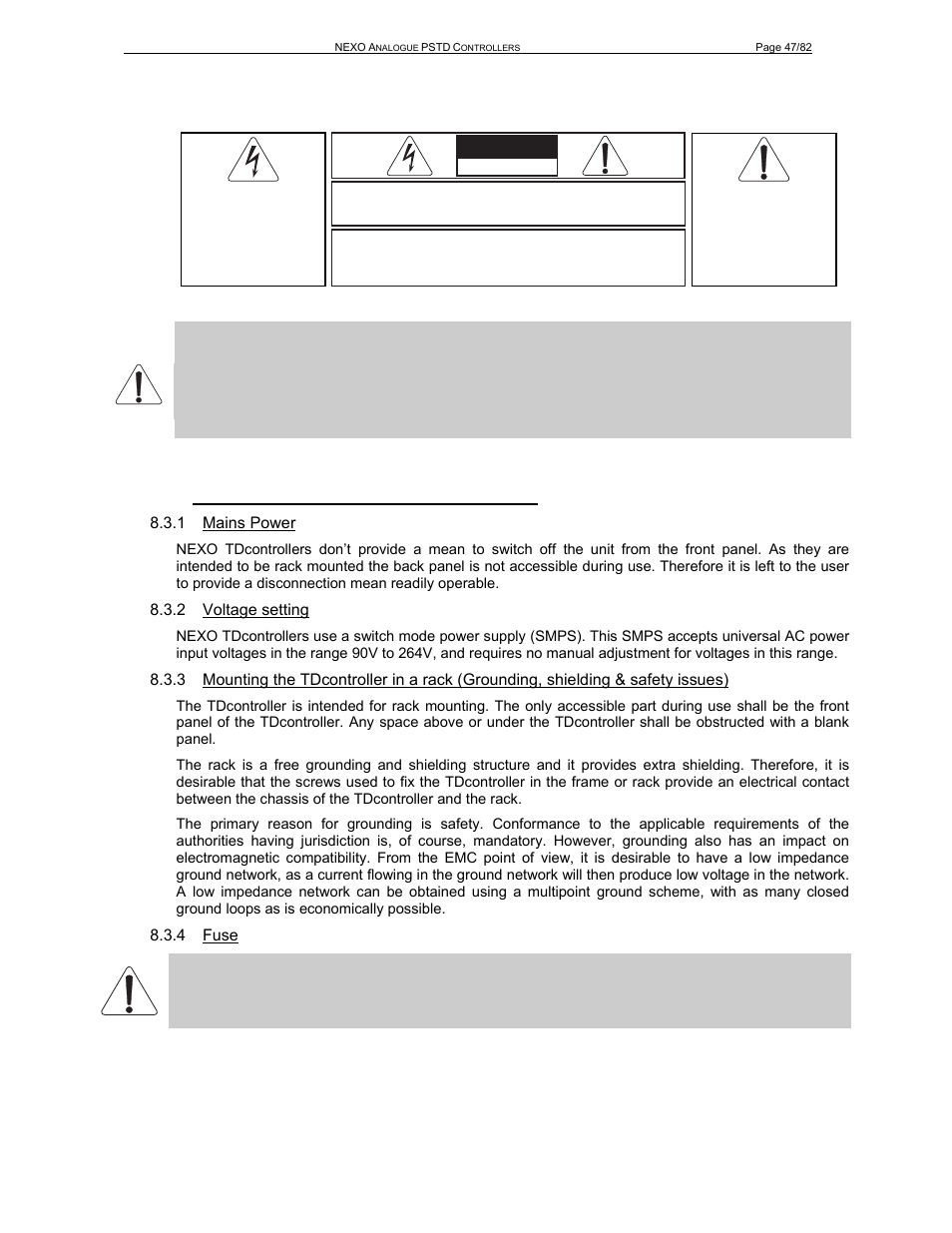 Caution, 3 analogue tdcontroller setting-up advice, 1 mains power | 2 voltage setting | Nexo PS-R2 User Manual | Page 47 / 82