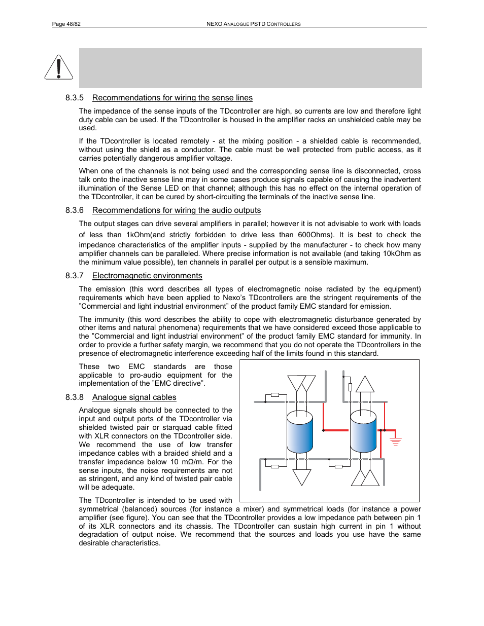 6 recommendations for wiring the audio outputs, 7 electromagnetic environments, 8 analogue signal cables | Nexo PS-R2 User Manual | Page 48 / 82