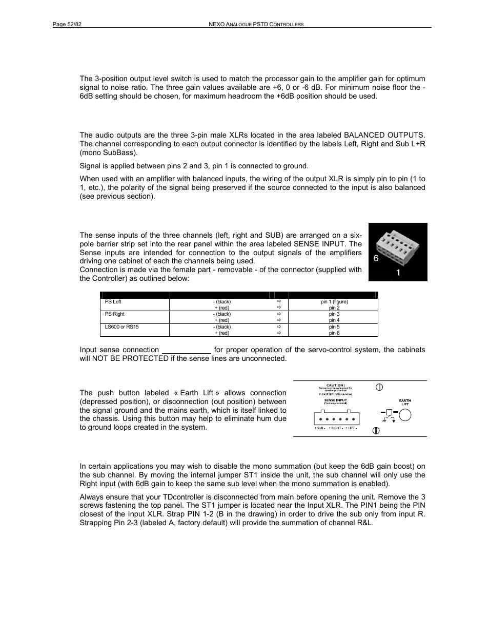 Output level switch, Audio outputs, Sense inputs | Earth lift, Sub jumper | Nexo PS-R2 User Manual | Page 52 / 82