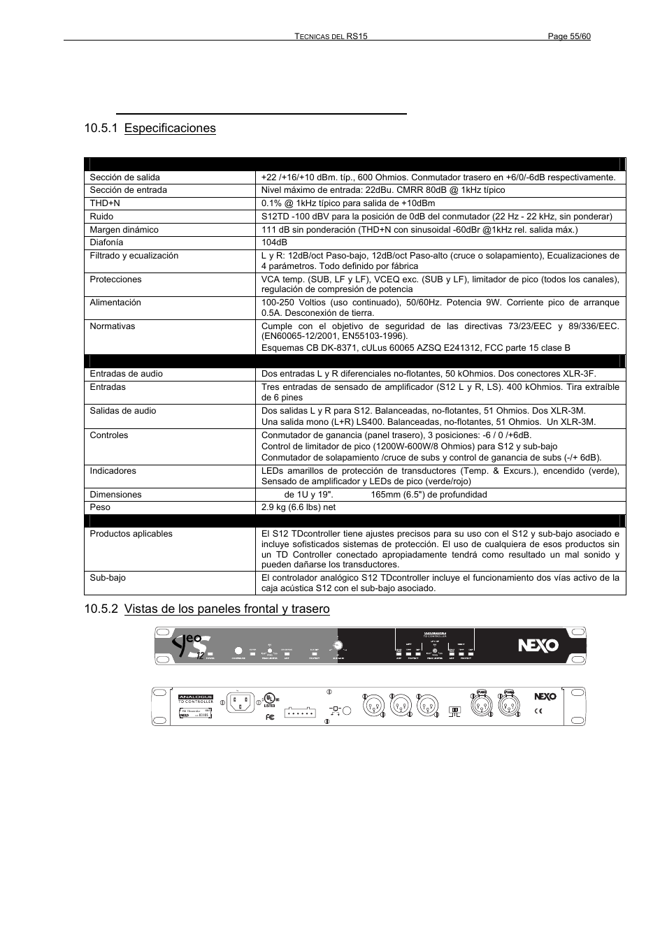 5 controlador analógico geo s12 tdcontroller, 1 especificaciones, 2 vistas de los paneles frontal y trasero | Nexo RS User Manual | Page 55 / 60