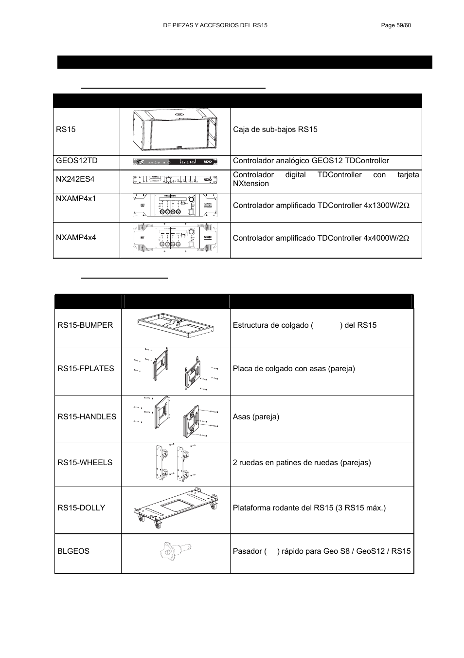 11 lista, Piezas, Accesorios | 2 lista de accesorios | Nexo RS User Manual | Page 59 / 60