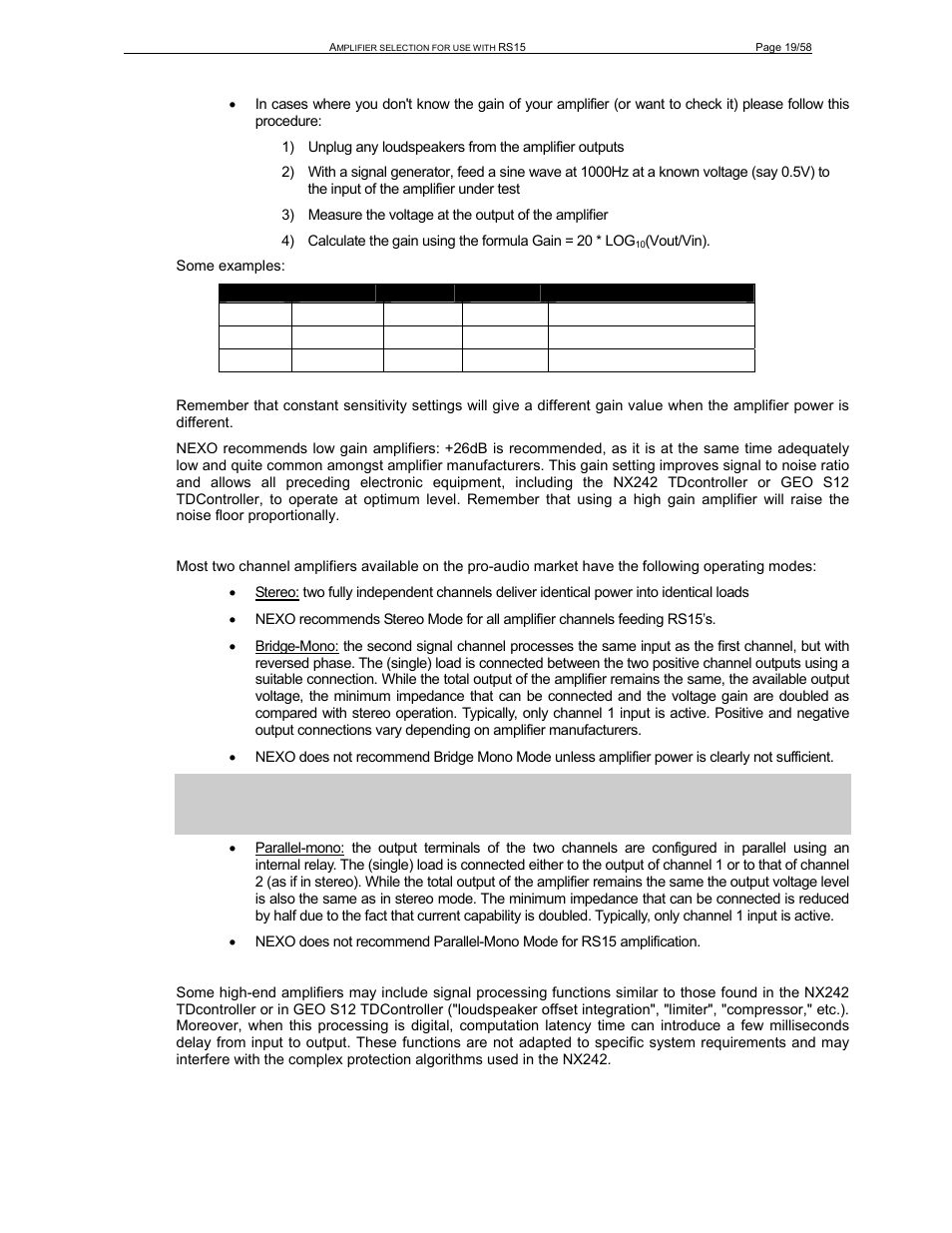 Operating mode, Warning on amplifiers signal processing features | Nexo RS User Manual | Page 19 / 58