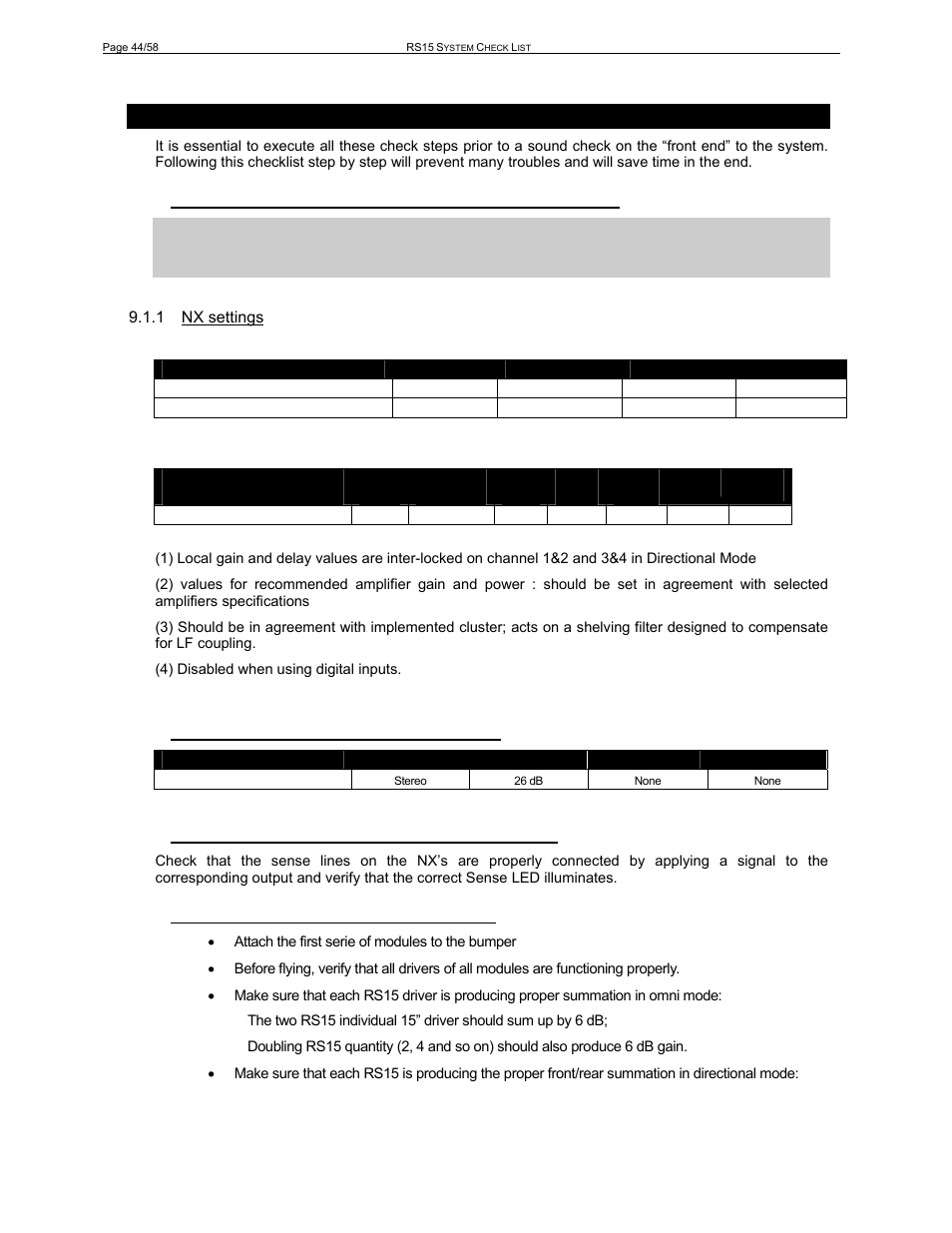 9 rs15, 2 are the amplifiers properly configured, 3 are the amps and the nx properly connected | 4 are the speakers properly connected, 1 nx settings output assignment, Output parameters | Nexo RS User Manual | Page 44 / 58