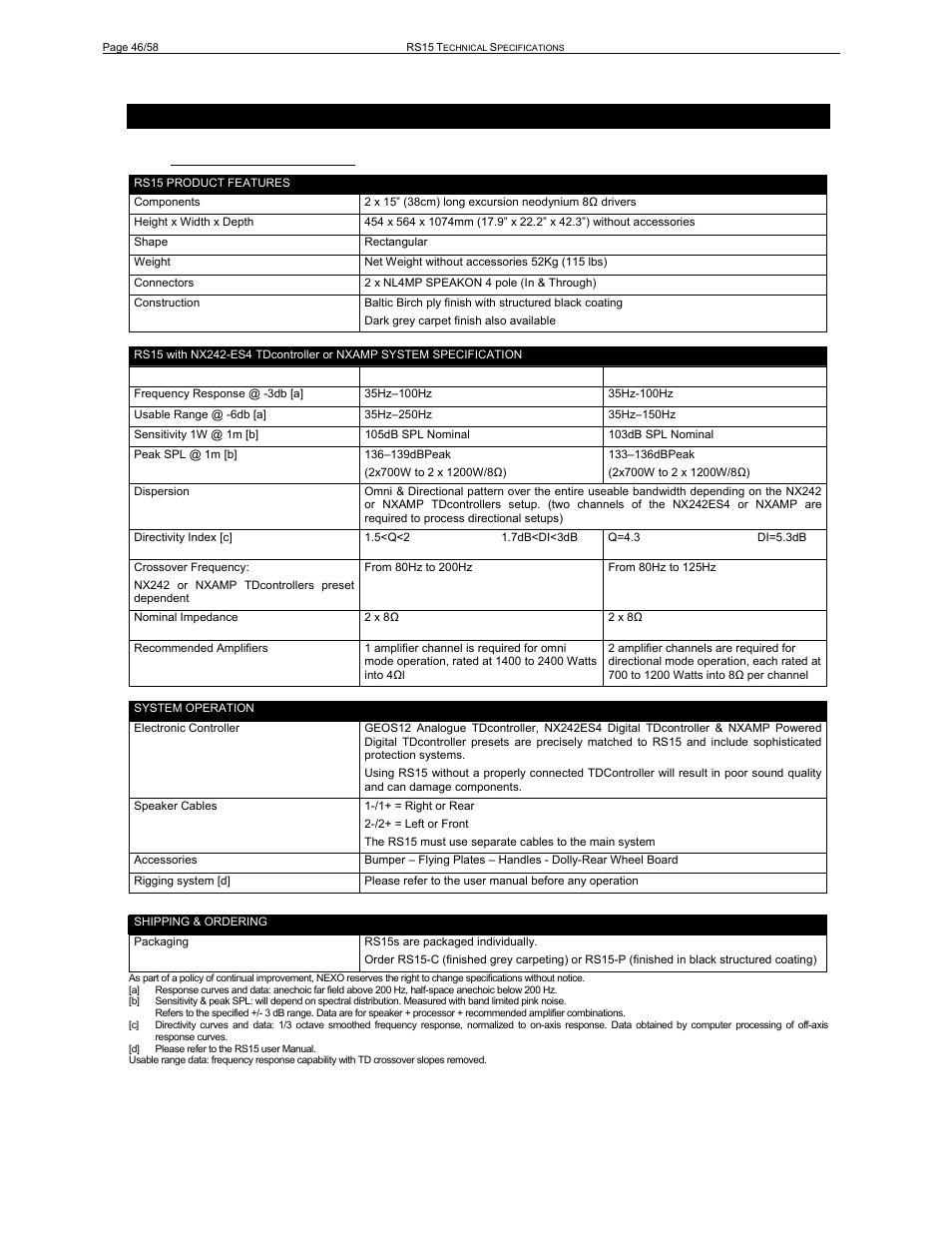 10 rs15, 1 system specifications | Nexo RS User Manual | Page 46 / 58