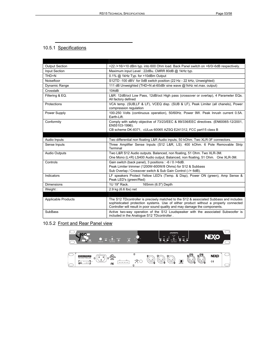 5 geo s12 analogue tdcontroller, 1 specifications, 2 front and rear panel view | Nexo RS User Manual | Page 53 / 58