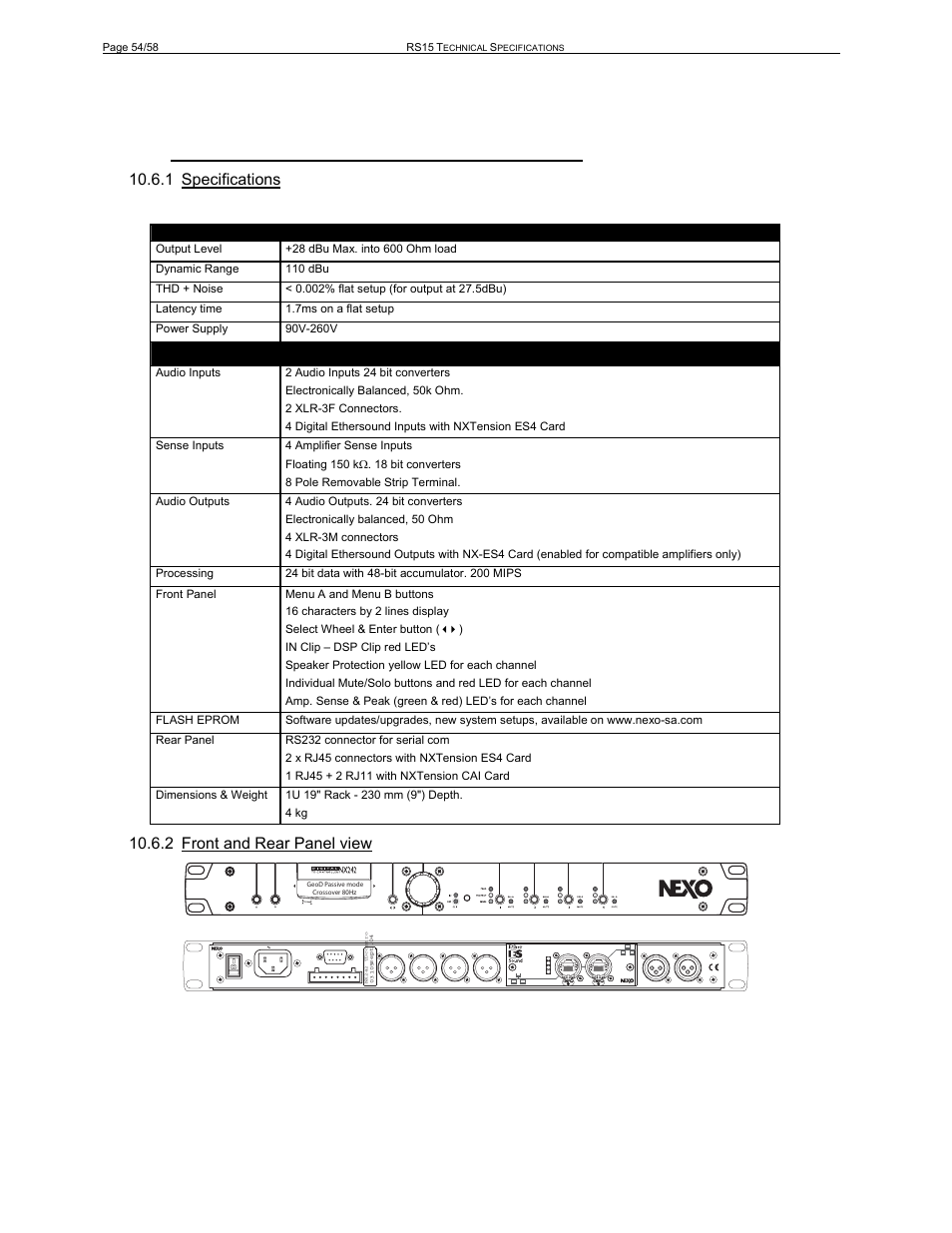 6 nx242 digital tdcontroller with nx-tension card, 1 specifications, 2 front and rear panel view | Nexo RS User Manual | Page 54 / 58