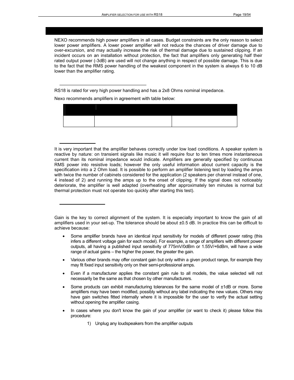 Rs18, 1 rs18 recommended amplification, 2 current rating | 3 amplifier settings | Nexo RS User Manual | Page 19 / 54