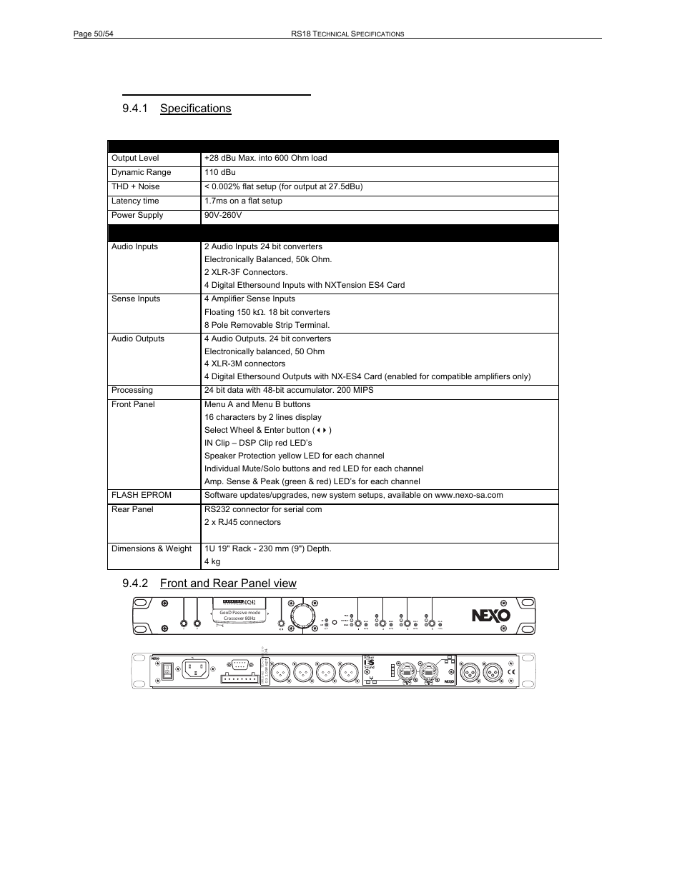 1 specifications, 2 front and rear panel view | Nexo RS User Manual | Page 50 / 54