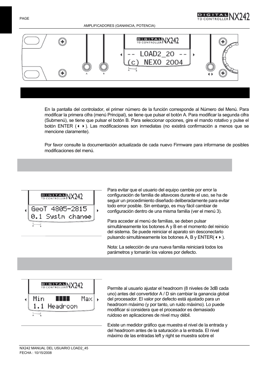 Descripción del menú, Cambiando la familia de altavoces, 1 headroom | Nexo NXAMP User Manual | Page 18 / 38