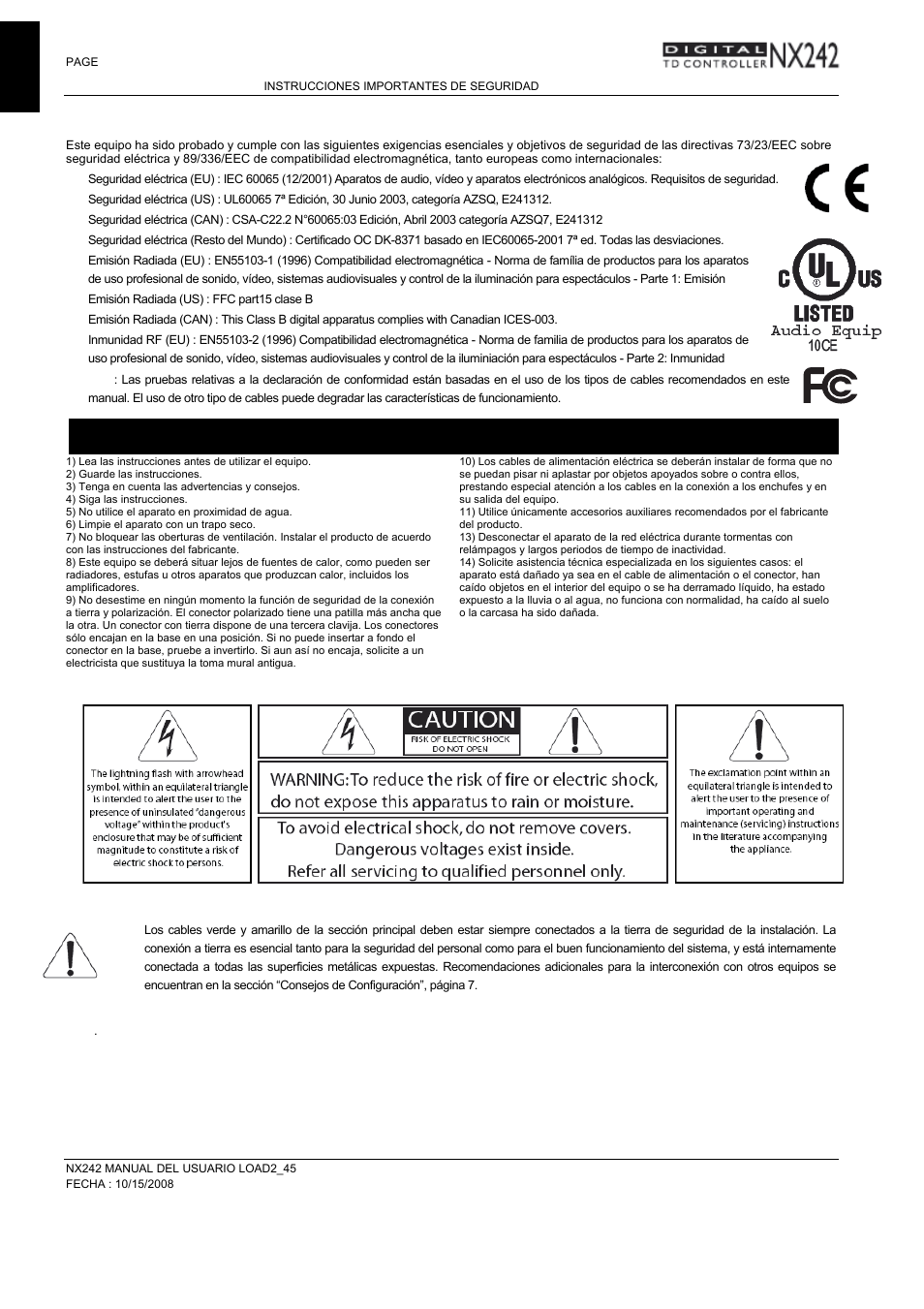 Caution, Instrucciones importantes de seguridad, Español declaración de conformidad | Nexo NXAMP User Manual | Page 2 / 38