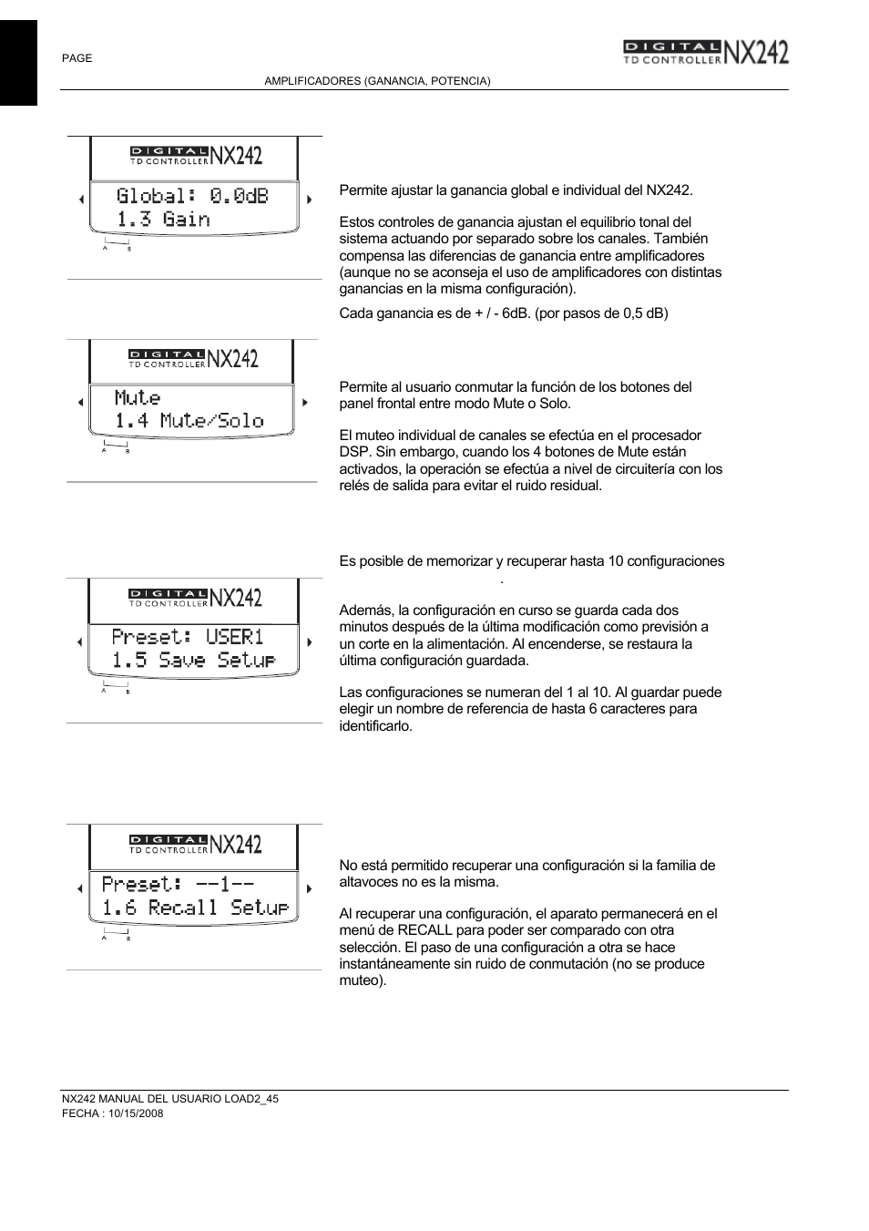 4 mute/solo, 5 save (guardar configuración), 6 recall (cargar configuración) | Nexo NXAMP User Manual | Page 20 / 38